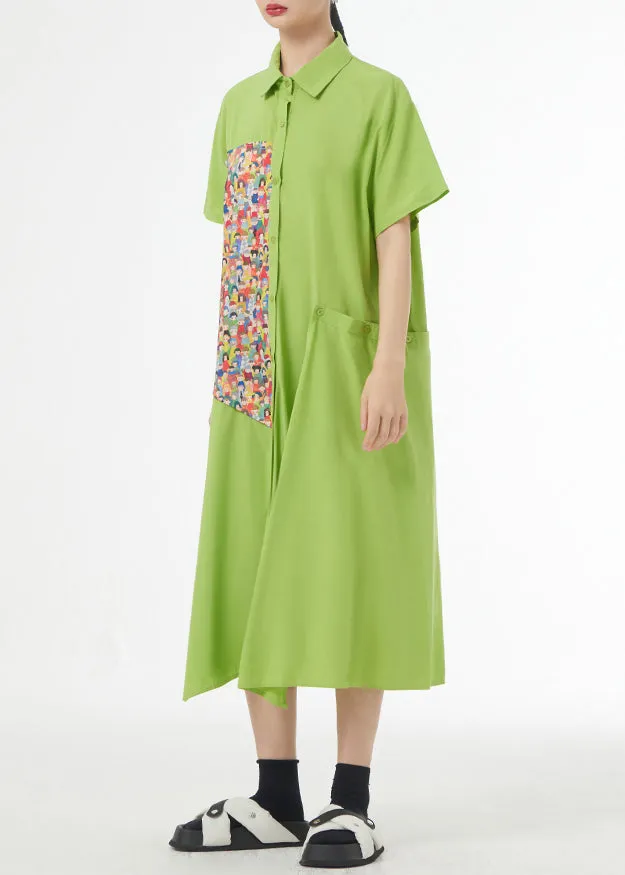 Chic Grass Green Asymmetrical Button Patchwork Silk Cotton Shirts Dress Summer LY9313