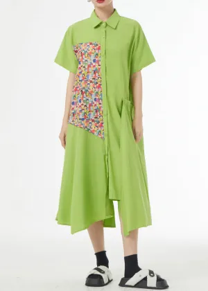Chic Grass Green Asymmetrical Button Patchwork Silk Cotton Shirts Dress Summer LY9313