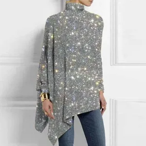 Chic Silver Print Mock Neck Top