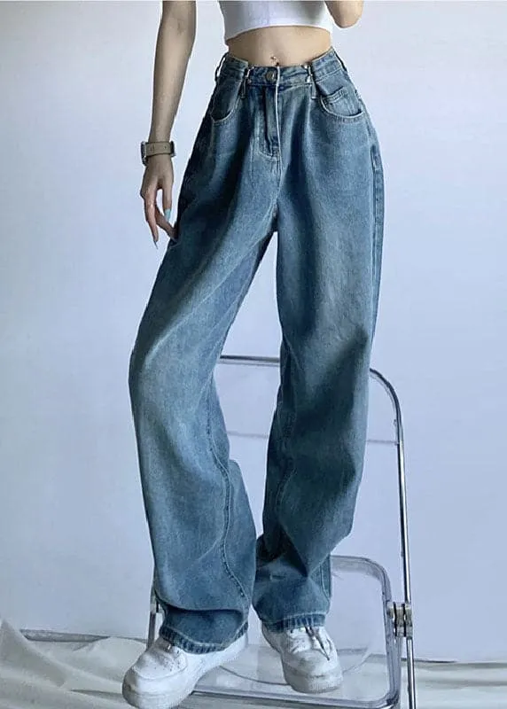 Chic Vintage Blue High Waist Draping Cotton Denim Wide Leg Pants Summer