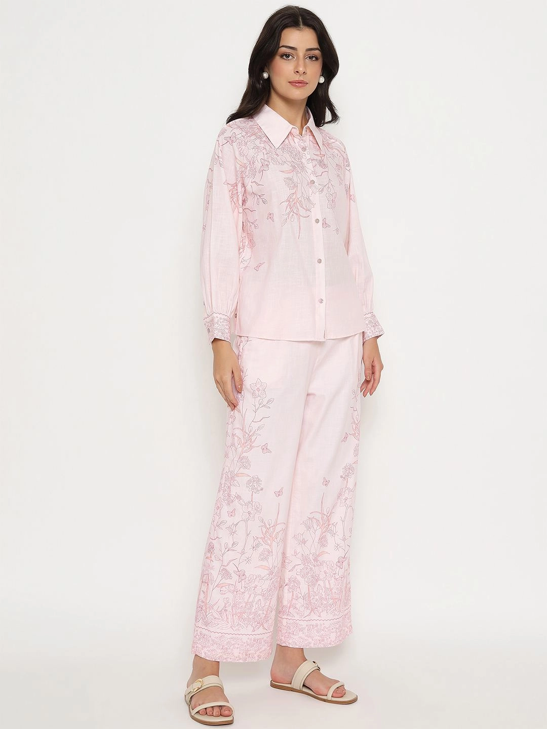 Madame Floral Print Top and Bottom Pink Cotton Co-ord Set Youth Charm Simplistic Mood