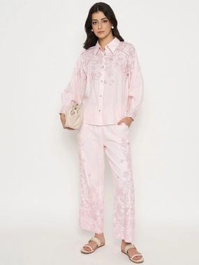 Scandi Light Shimmer-Finish Madame Floral Print Top and Bottom Pink Cotton Co-ord Set