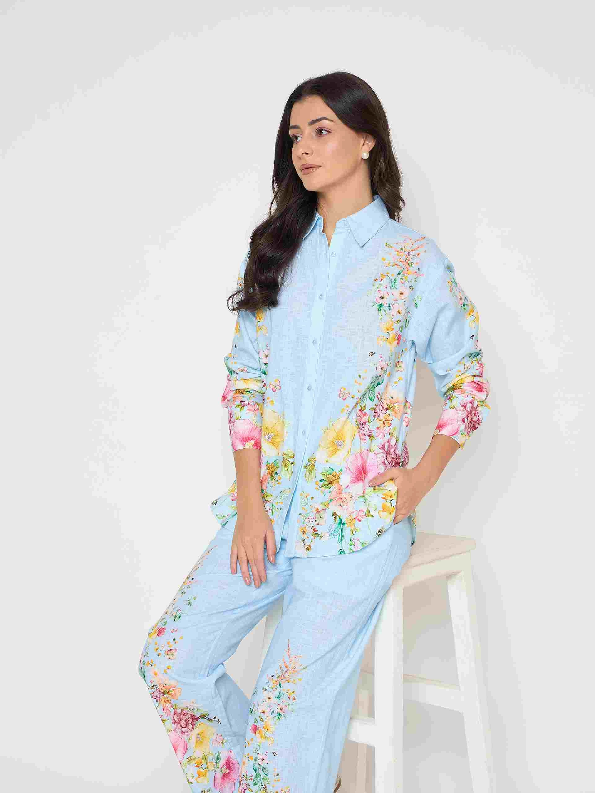 Madame Printed Shirt and Trousers Blue Cotton Co-ord Set Cool Draping Figure-Skimming