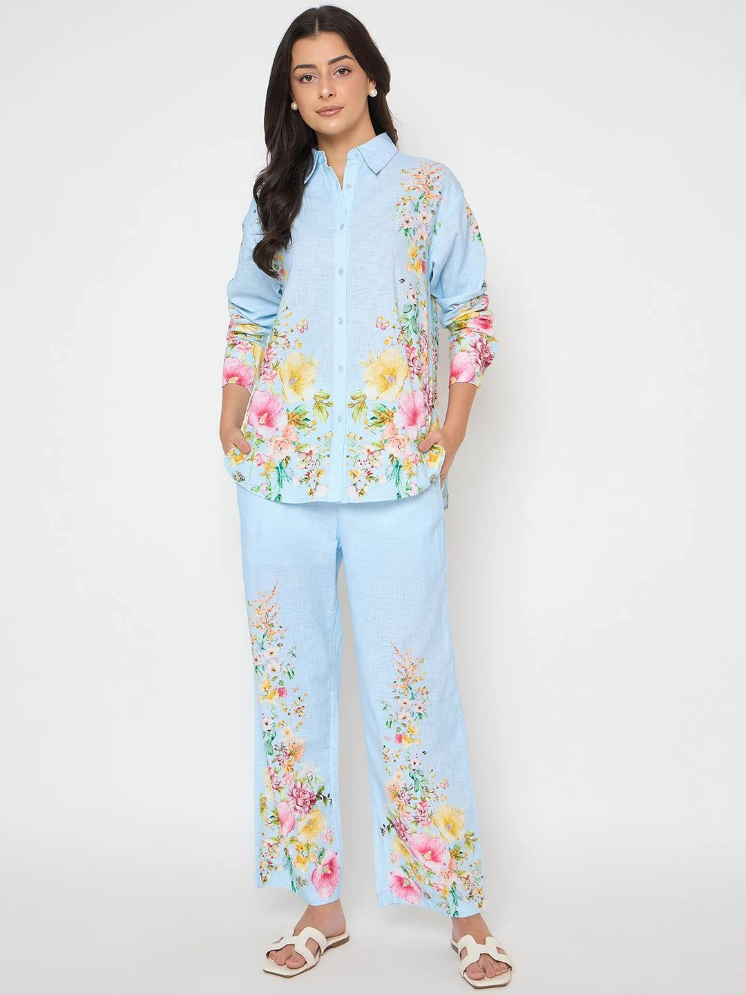 Elegant Appearance Brunch Glow Madame Printed Shirt and Trousers Blue Cotton Co-ord Set