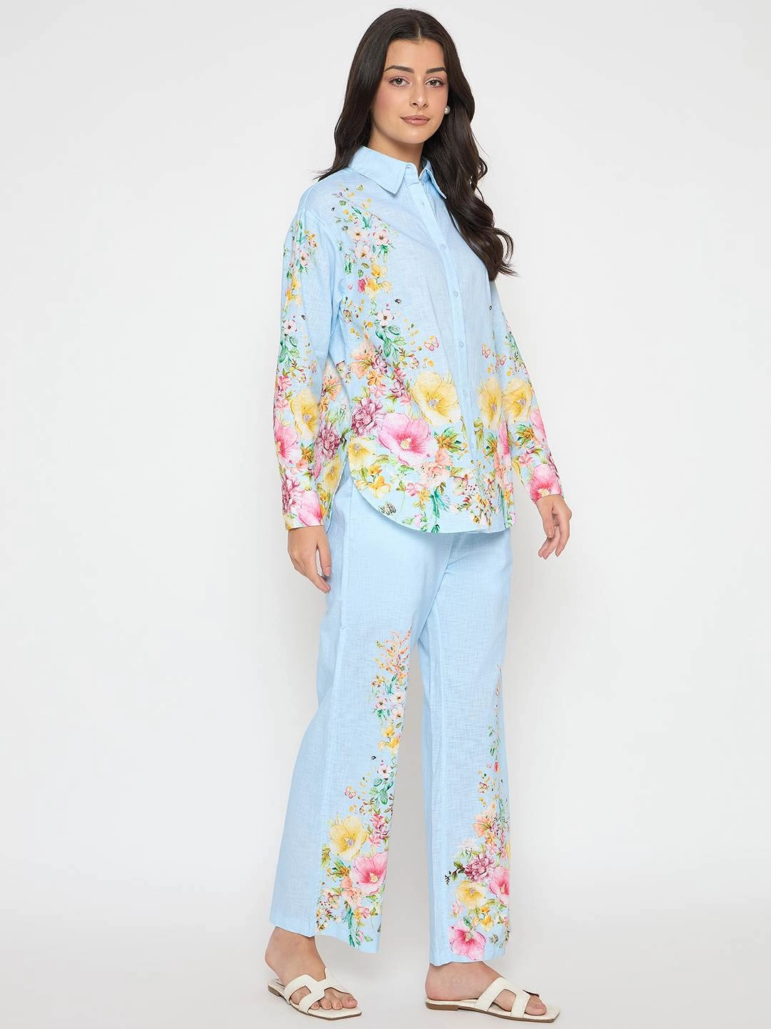 Madame Printed Shirt and Trousers Blue Cotton Co-ord Set Urban Look