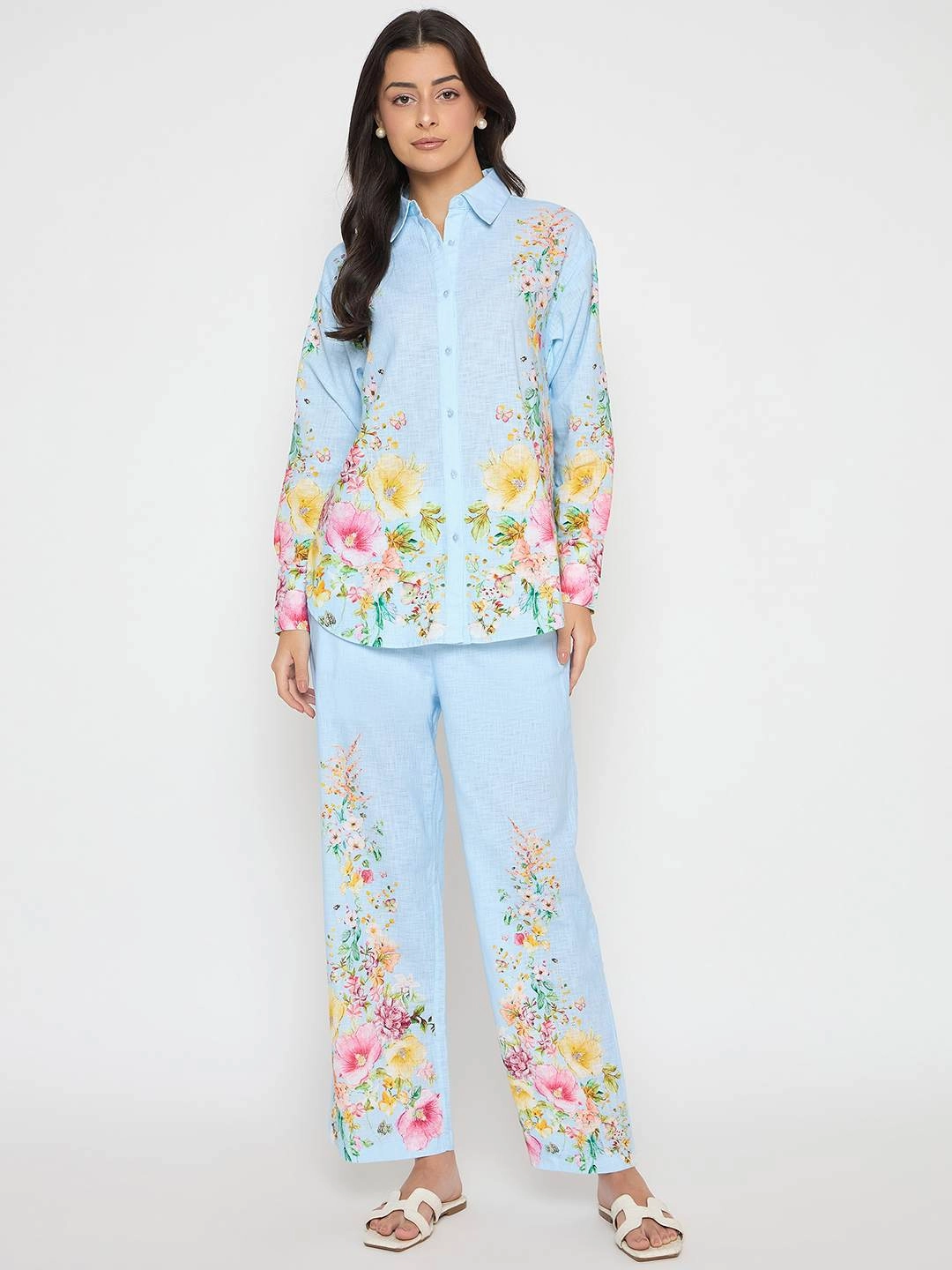 Fall Fashion Madame Printed Shirt and Trousers Blue Cotton Co-ord Set