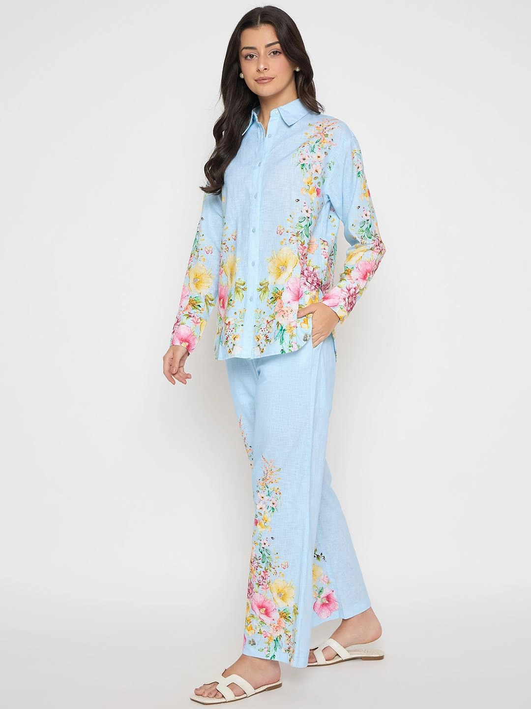 Fashion Look Earthy Hue Madame Printed Shirt and Trousers Blue Cotton Co-ord Set