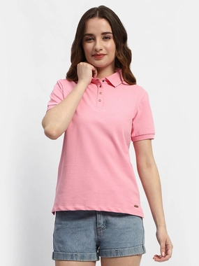 Madame Solid Pink Polo Neck T-Shirt Light Fit Wear Ultimate Wear