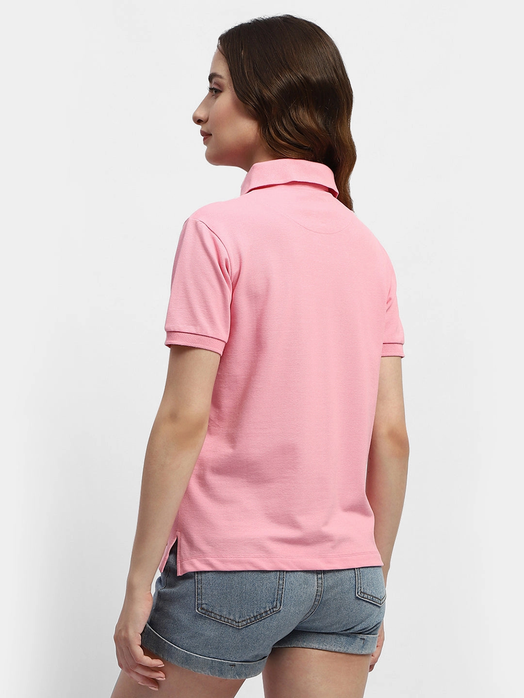 Street Ready Casual Vibe Wear Madame Solid Pink Polo Neck T-Shirt