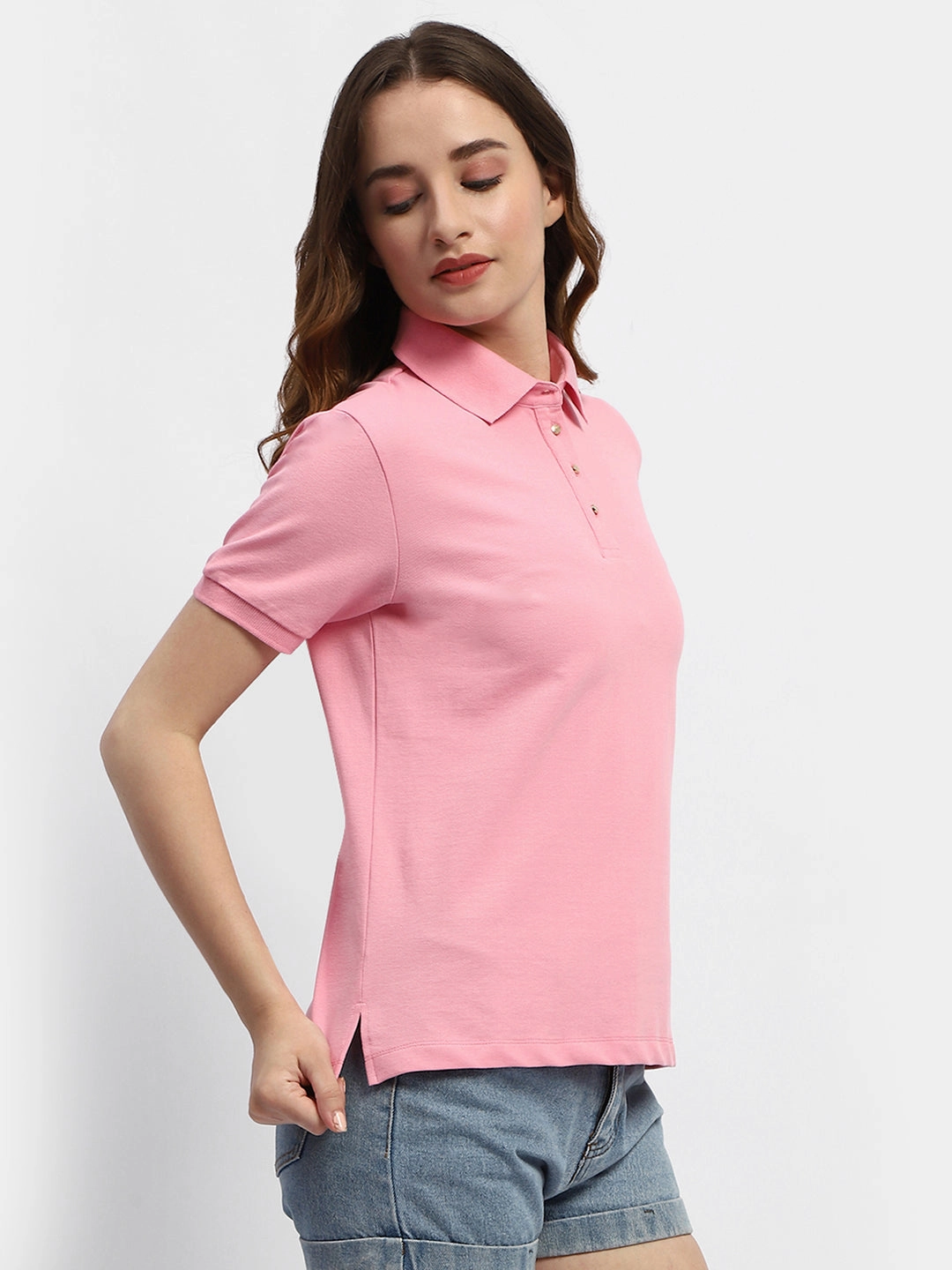 Cozy Stretch Madame Solid Pink Polo Neck T-Shirt