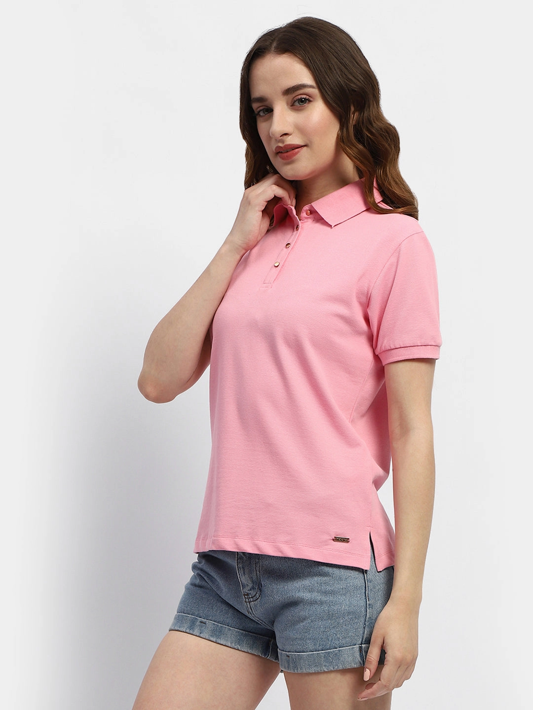 Madame Solid Pink Polo Neck T-Shirt funky