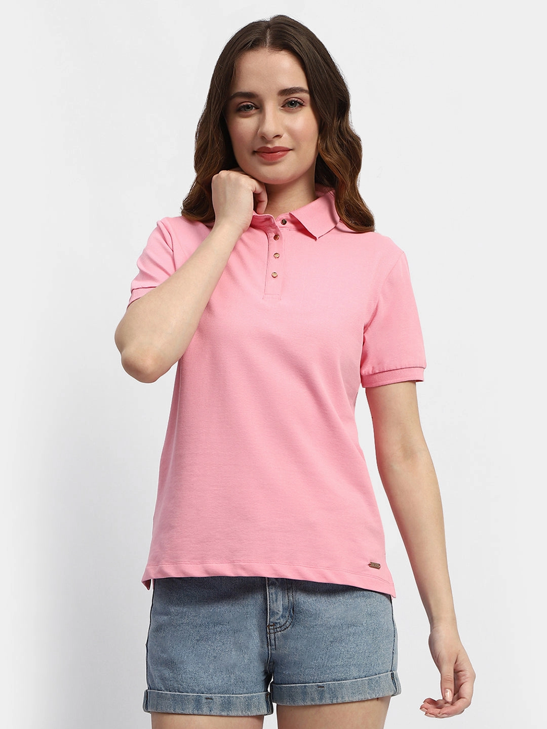Madame Solid Pink Polo Neck T-Shirt Light Fit Wear Ultimate Wear