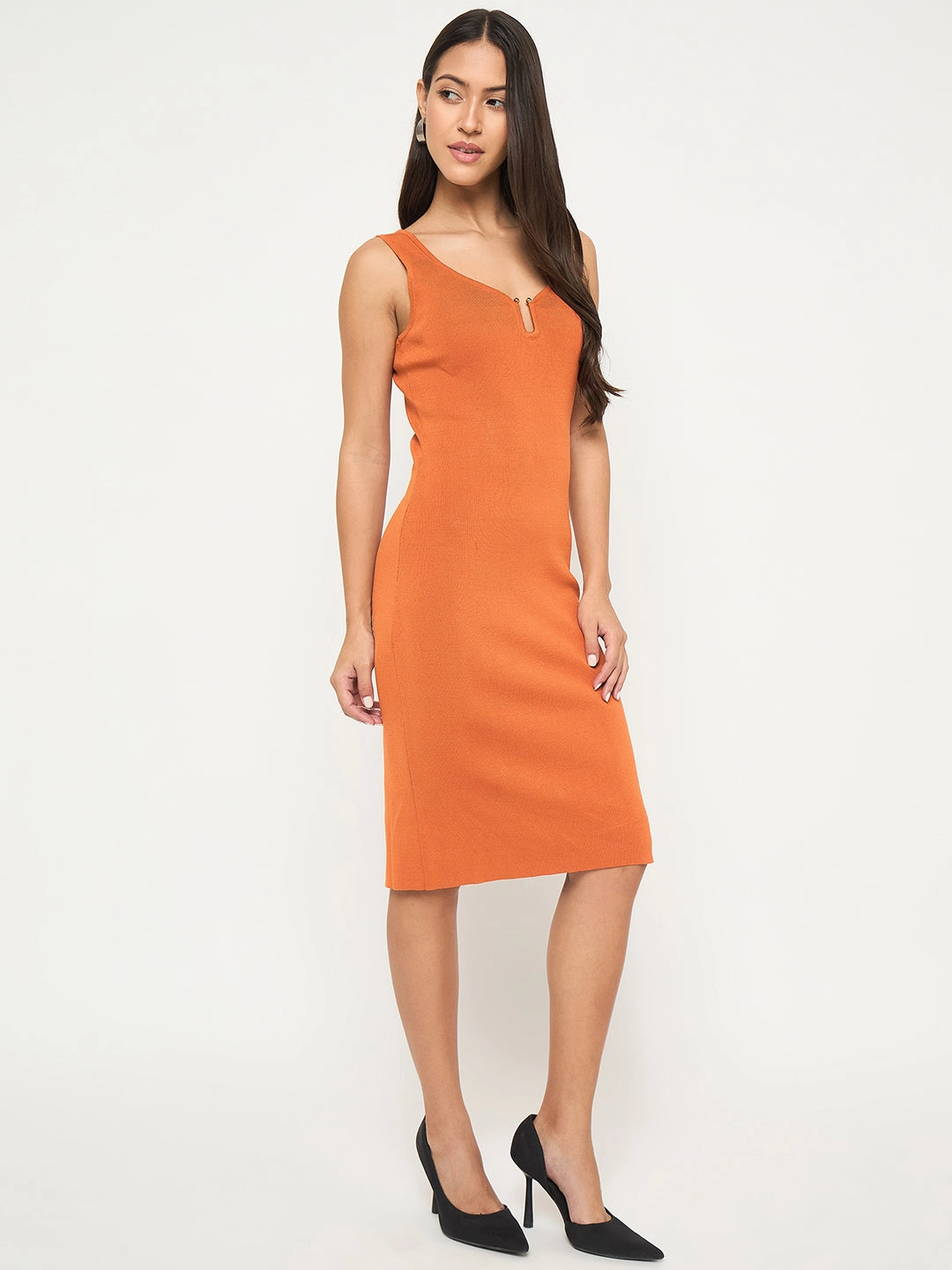 Madame Keyhole Detail Orange Midi Bodycon Dress Chic Harmony Shape Hug