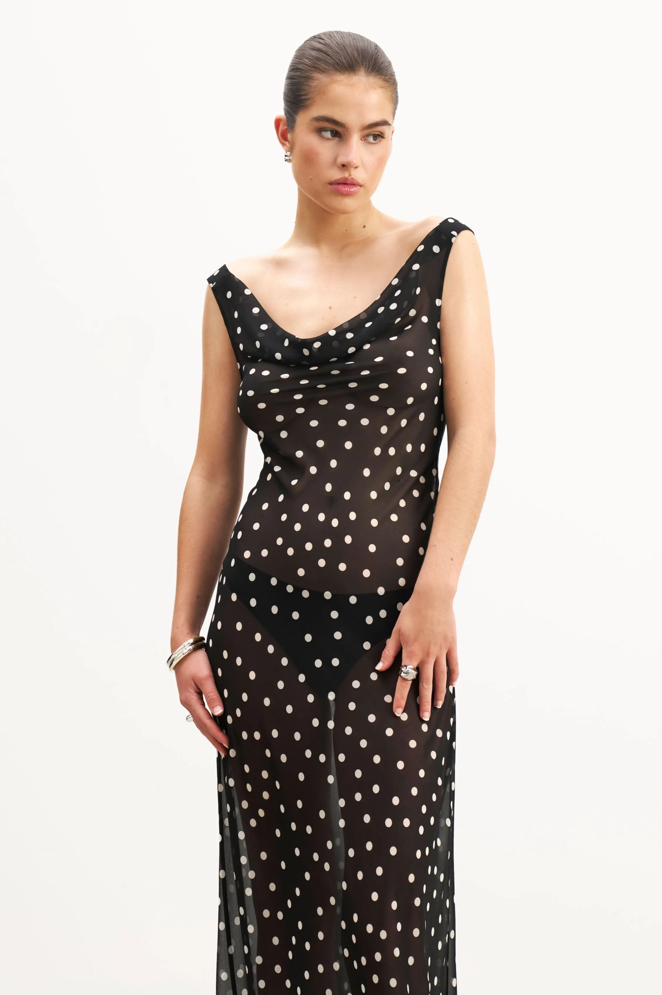 Smart Tailoring Petite friendly Chiffon Cowl Neck Gown - Maxi Polka Dot