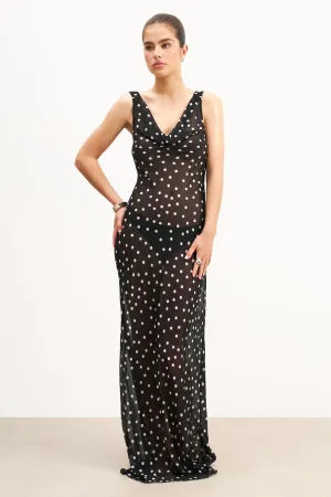 Chiffon Cowl Neck Gown - Maxi Polka Dot Brunch Tone