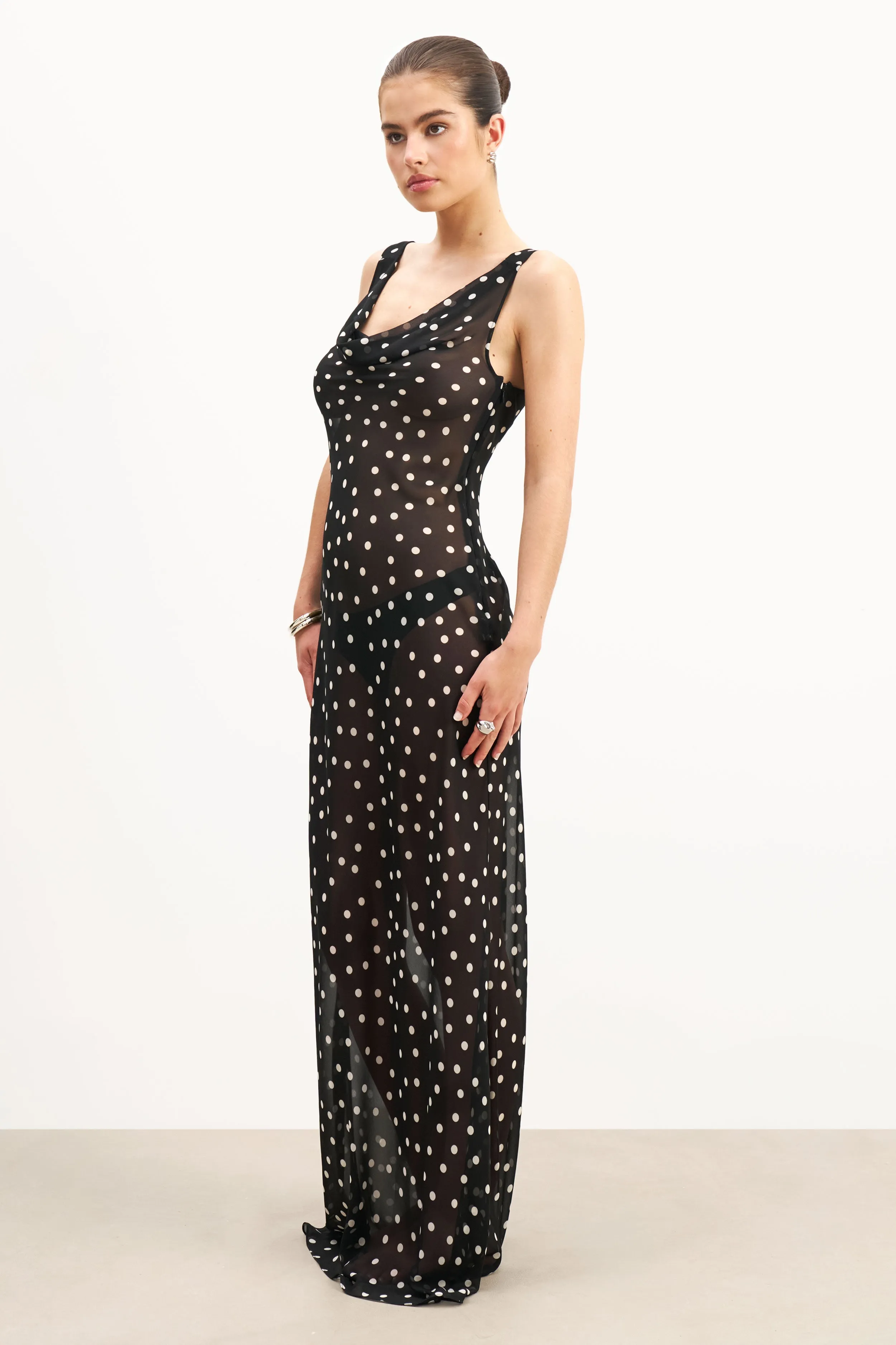 Sophisticated Elegance Chiffon Cowl Neck Gown - Maxi Polka Dot