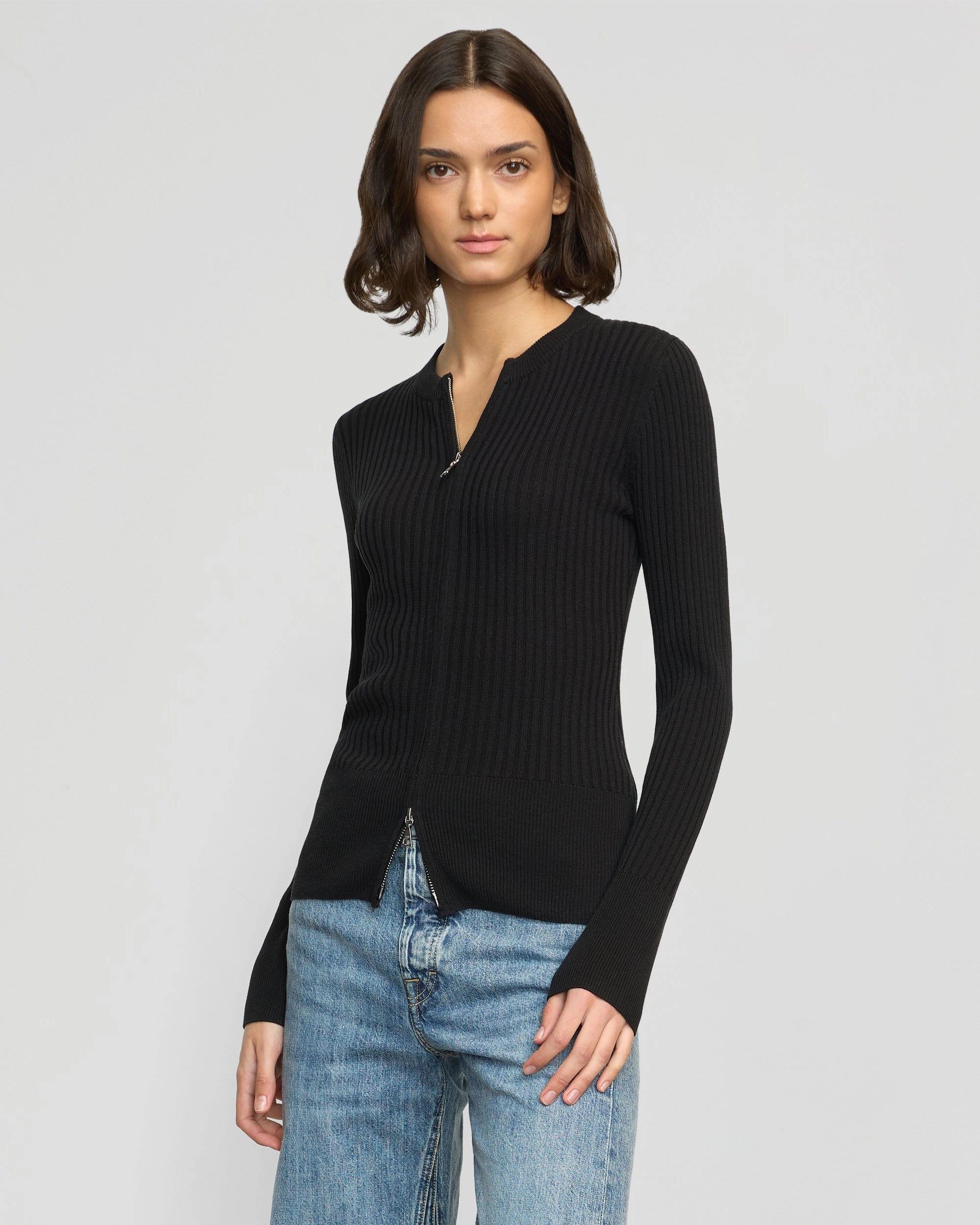 Versatile Wear Recycled Fiber Kayla Ribbed Two-Way Zip Sweater