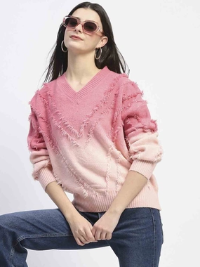 Easy Care Fabric Madame Ombre Print Textured V Neck Pink Sweater