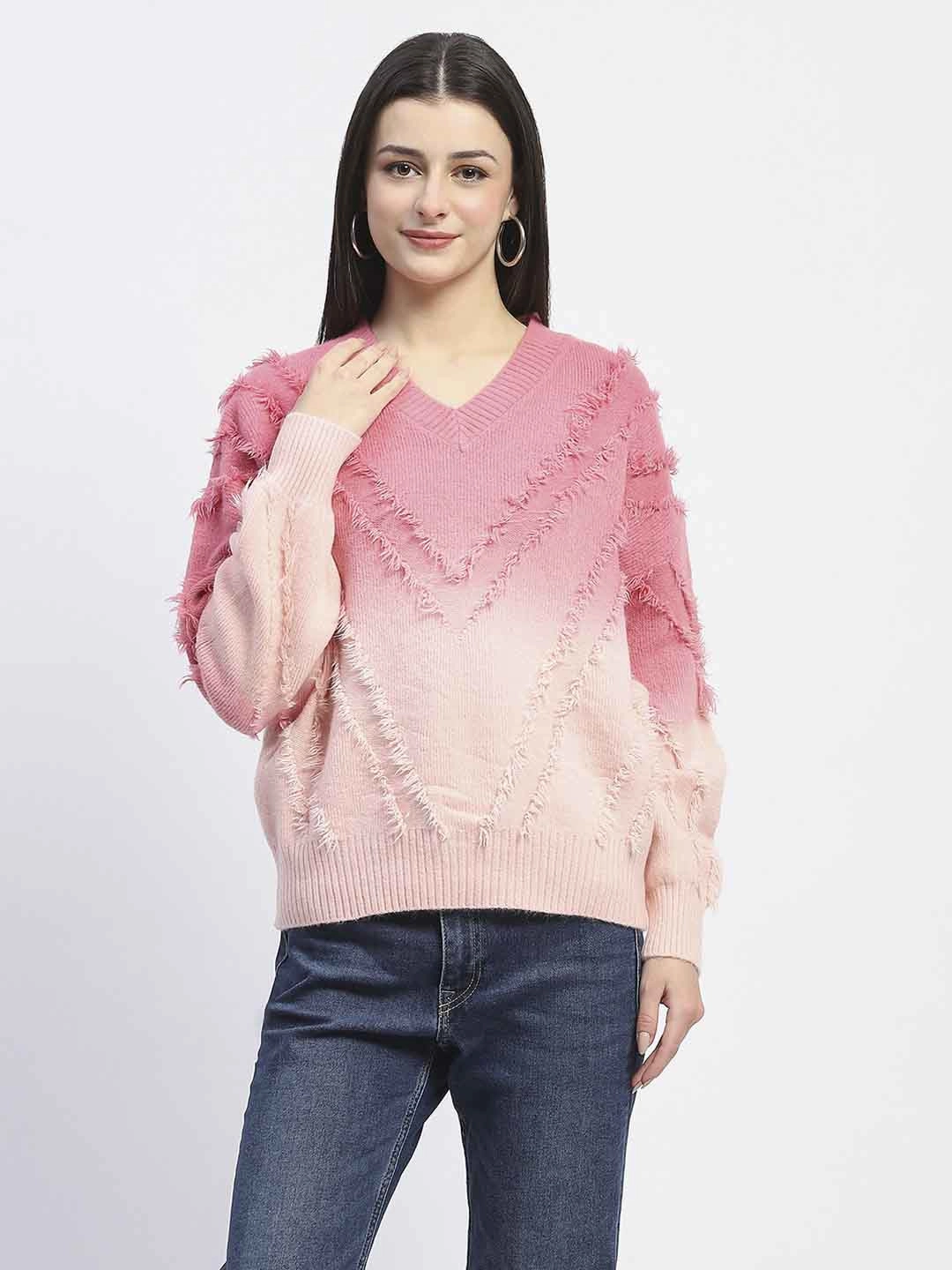 Seamless Stitching Chilly Day Style Madame Ombre Print Textured V Neck Pink Sweater