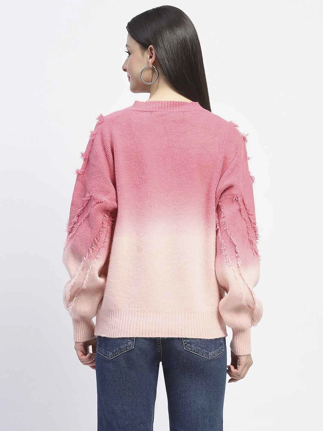 Flexible Drop Shoulder Madame Ombre Print Textured V Neck Pink Sweater