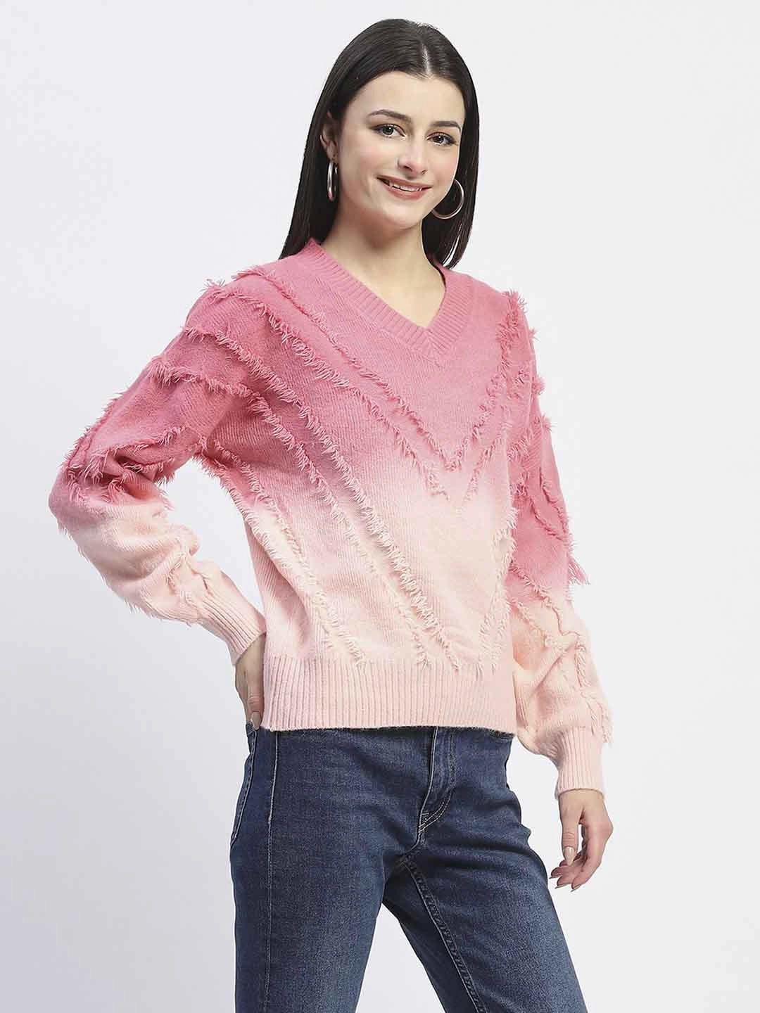 Madame Ombre Print Textured V Neck Pink Sweater Soft Lining Sleek Wear Fit