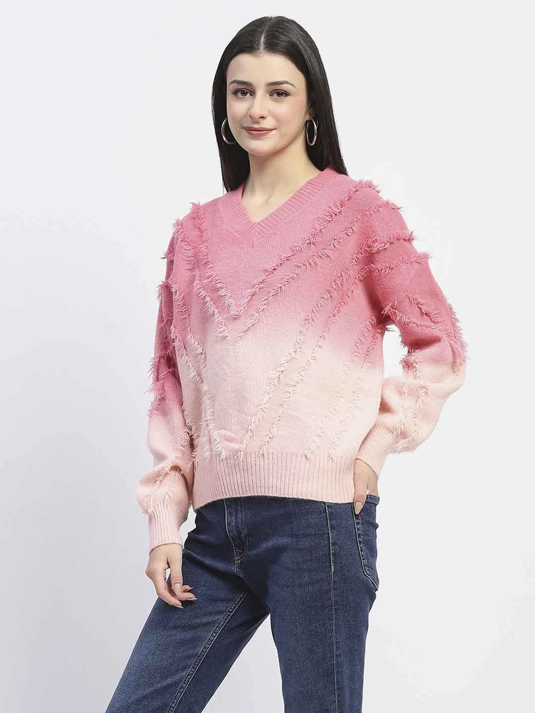 Madame Ombre Print Textured V Neck Pink Sweater Chilly Day Knitwear Cozy Knit Design