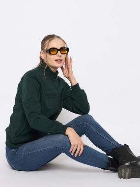 Madame Fleece Embroidery Detailed Turtleneck Bottle Green Sweatshirt Streetwear Fashion