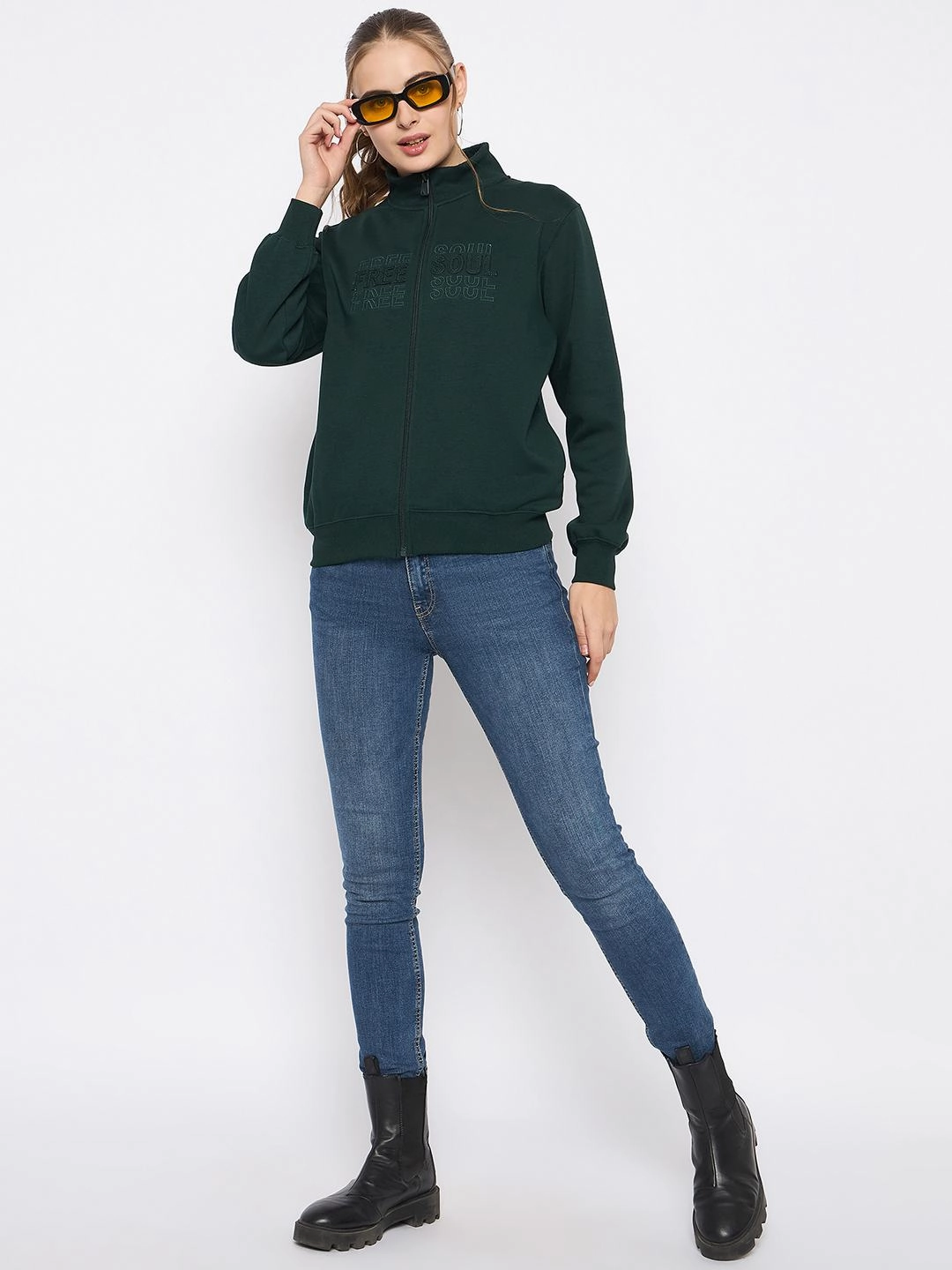 solo wear snap buttoned Madame Fleece Embroidery Detailed Turtleneck Bottle Green Sweatshirt