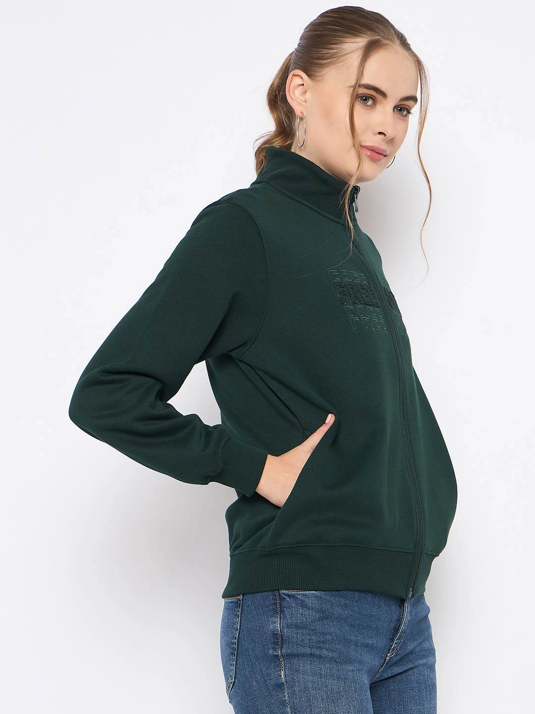 Versatile Layer product watch punctuality Madame Fleece Embroidery Detailed Turtleneck Bottle Green Sweatshirt