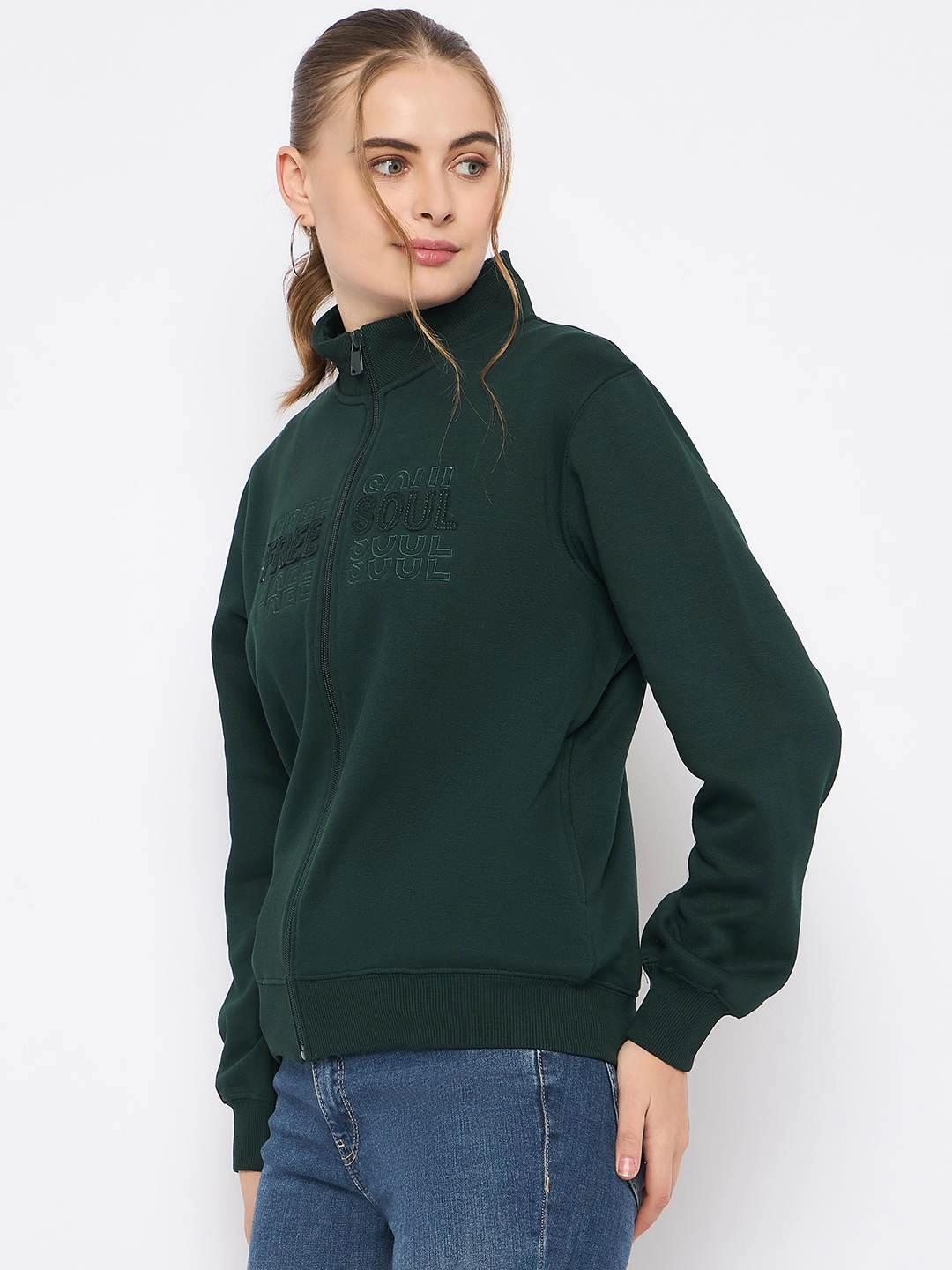 Winter Gear Minimal Fit Madame Fleece Embroidery Detailed Turtleneck Bottle Green Sweatshirt