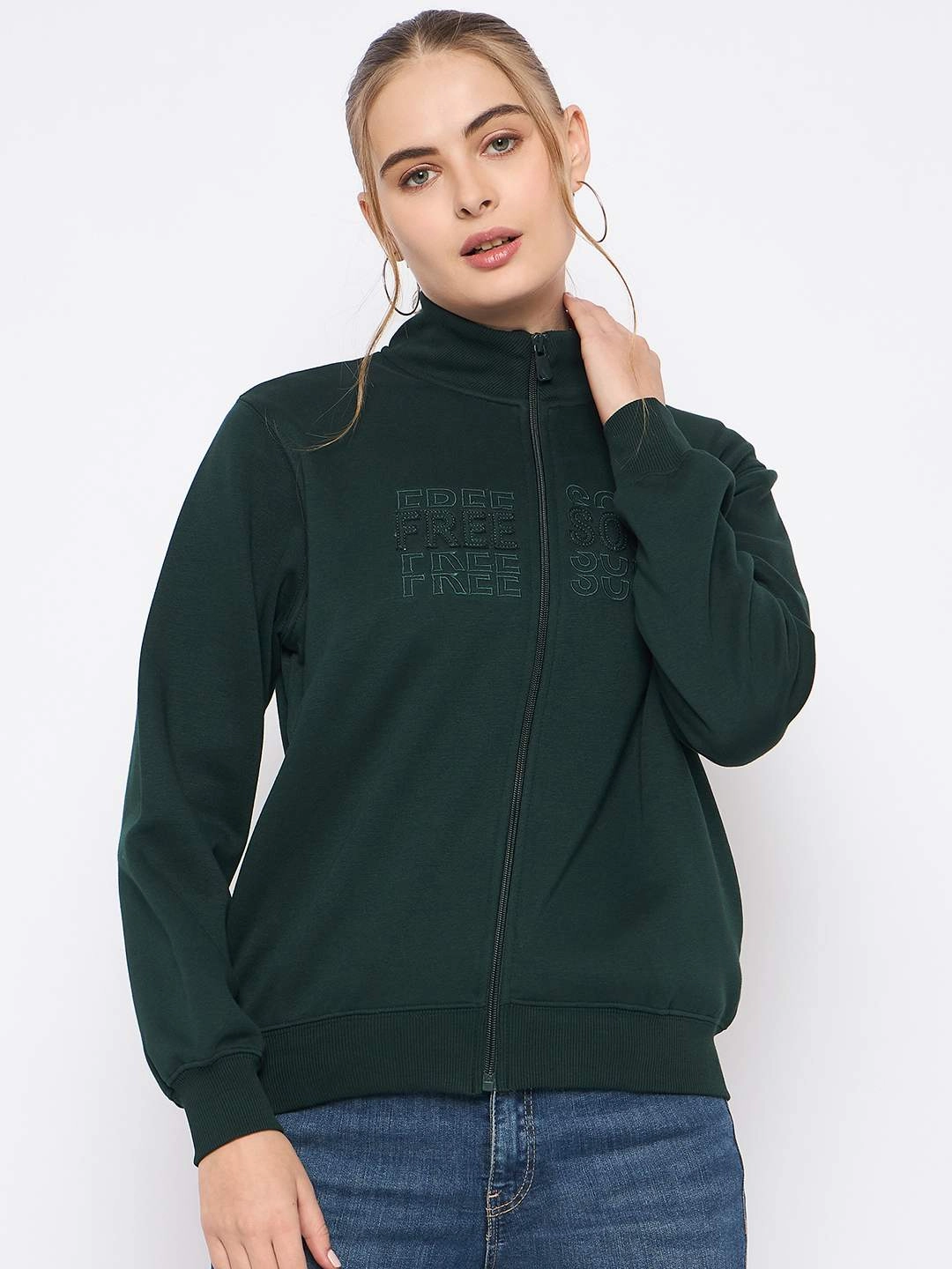 Madame Fleece Embroidery Detailed Turtleneck Bottle Green Sweatshirt Urban Relaxed