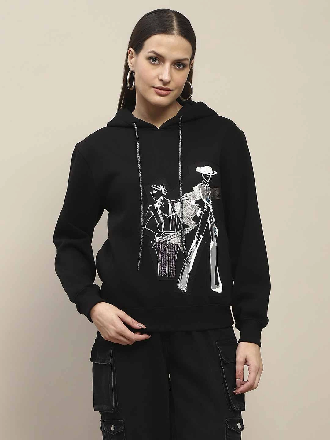Madame Fleece Placement Print Black Hooded Sweatshirt All Purpose Layer