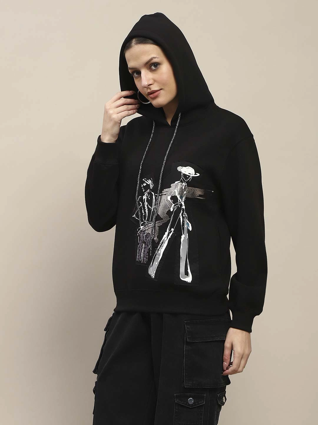 Madame Fleece Placement Print Black Hooded Sweatshirt Houndstooth