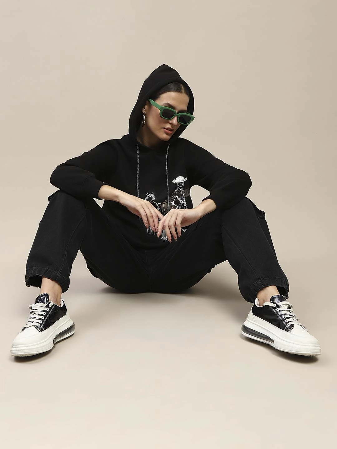 Madame Fleece Placement Print Black Hooded Sweatshirt Plus Fit