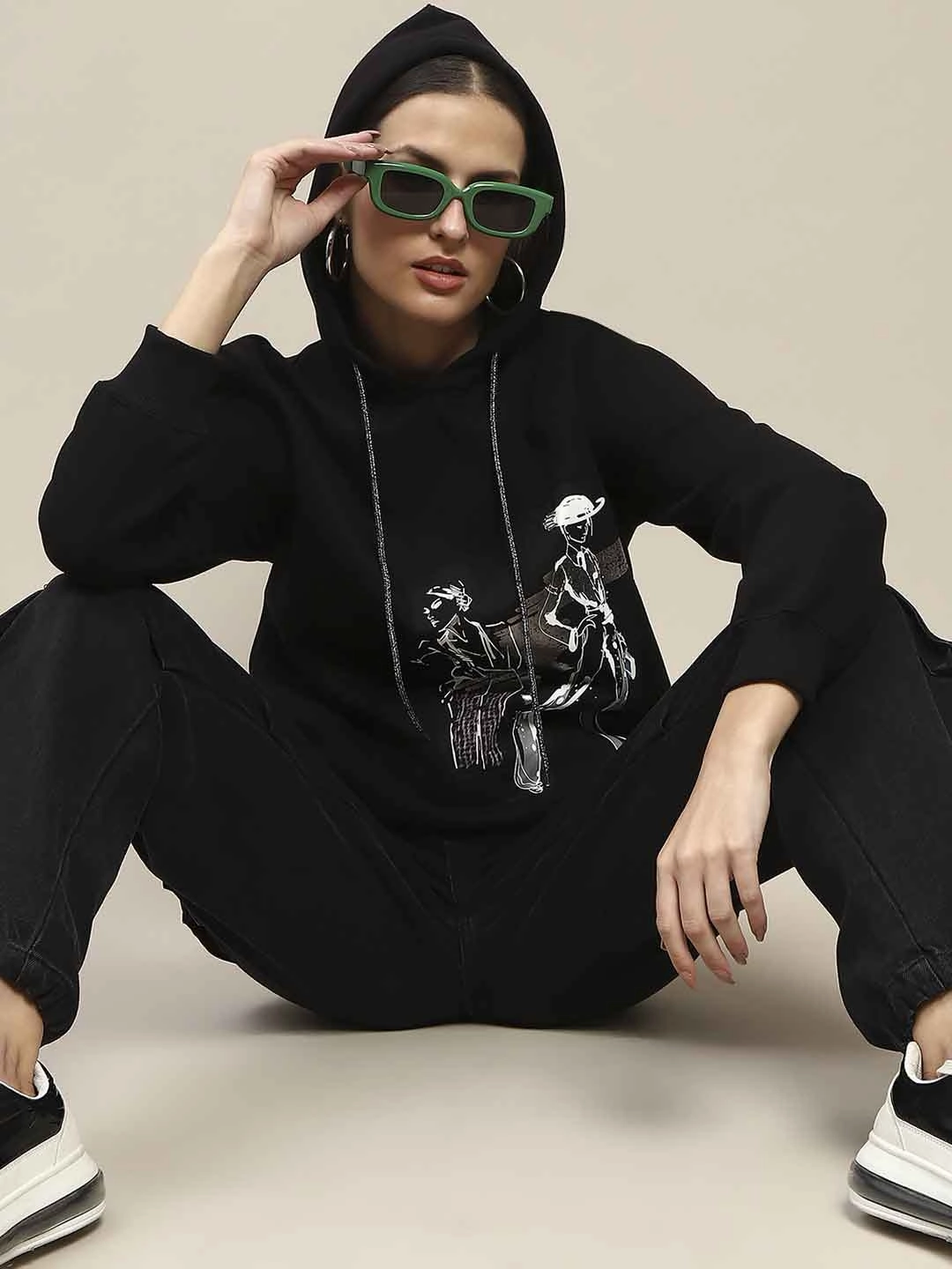 Madame Fleece Placement Print Black Hooded Sweatshirt Thermal Insulation City Staple