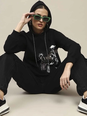Madame Fleece Placement Print Black Hooded Sweatshirt Thermal Insulation City Staple