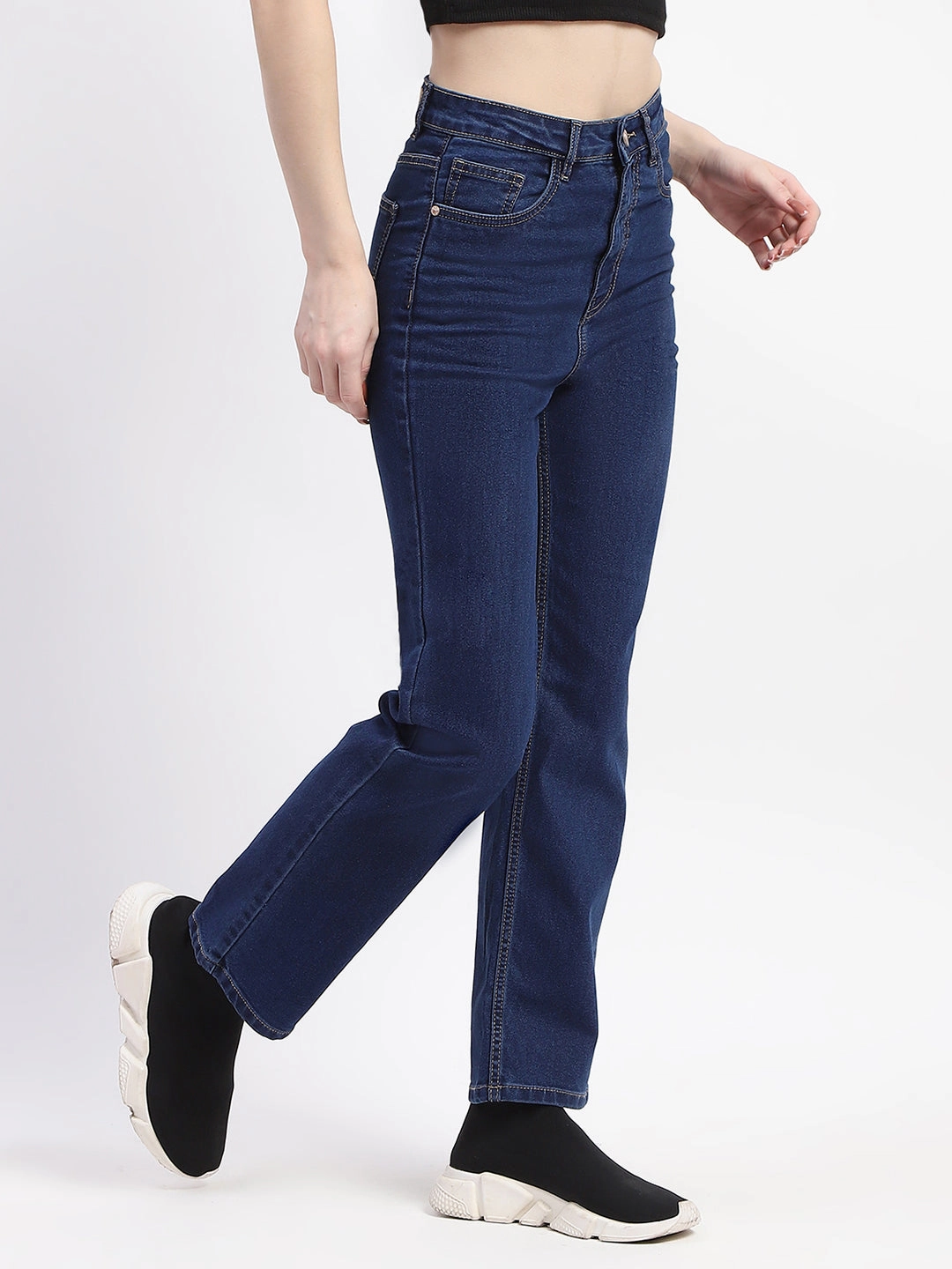 Adjustable Belt Loops Evening Stroll Comfy Madame Straight-Fit Dark Blue Cotton Denim Jeans