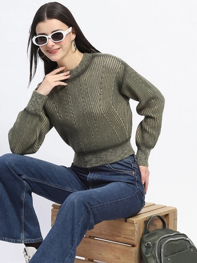 Lightweight Cable Pattern Winter Essential Madame Geometric Print Ribbed Cuffs Green Sweater