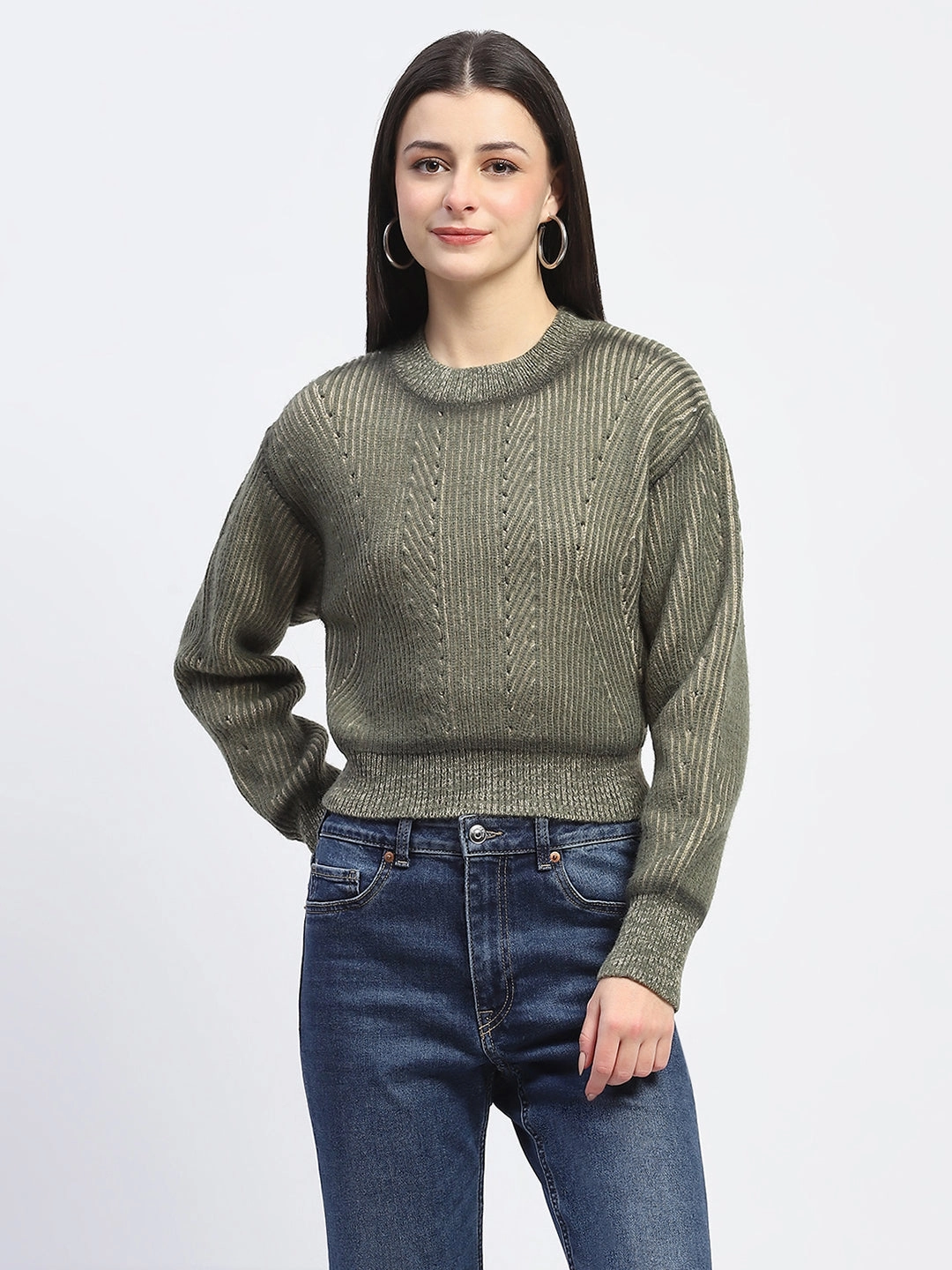 Ultra Soft Merino Blend Stylish Design Madame Geometric Print Ribbed Cuffs Green Sweater