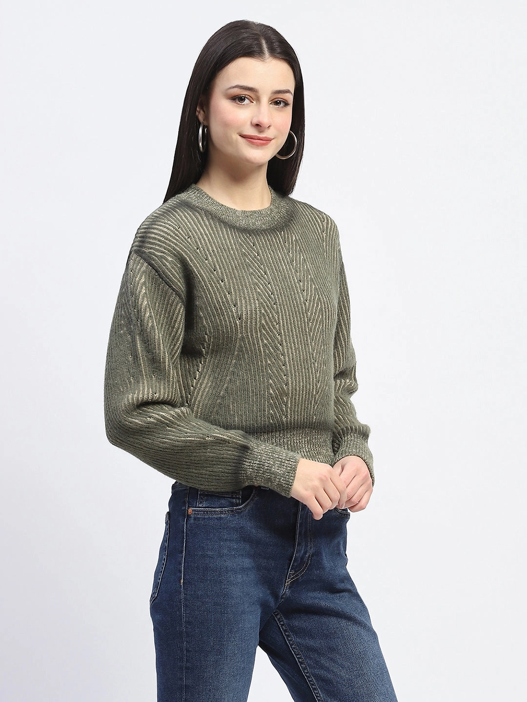 Madame Geometric Print Ribbed Cuffs Green Sweater Textured Knit