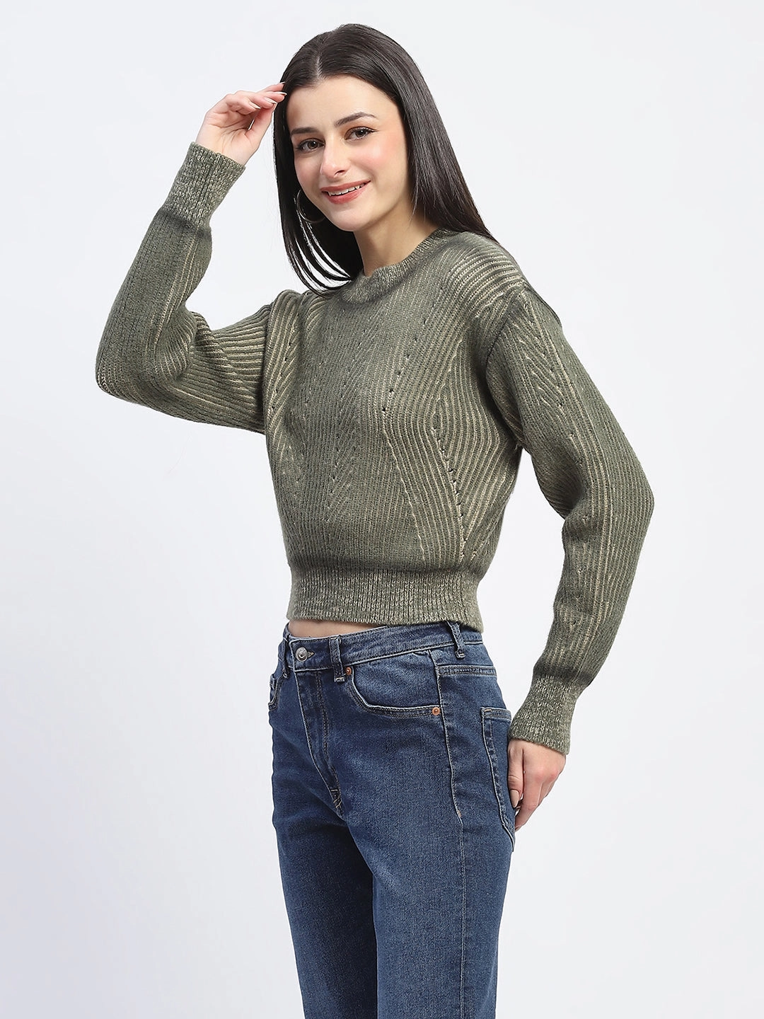 Urban Style Madame Geometric Print Ribbed Cuffs Green Sweater
