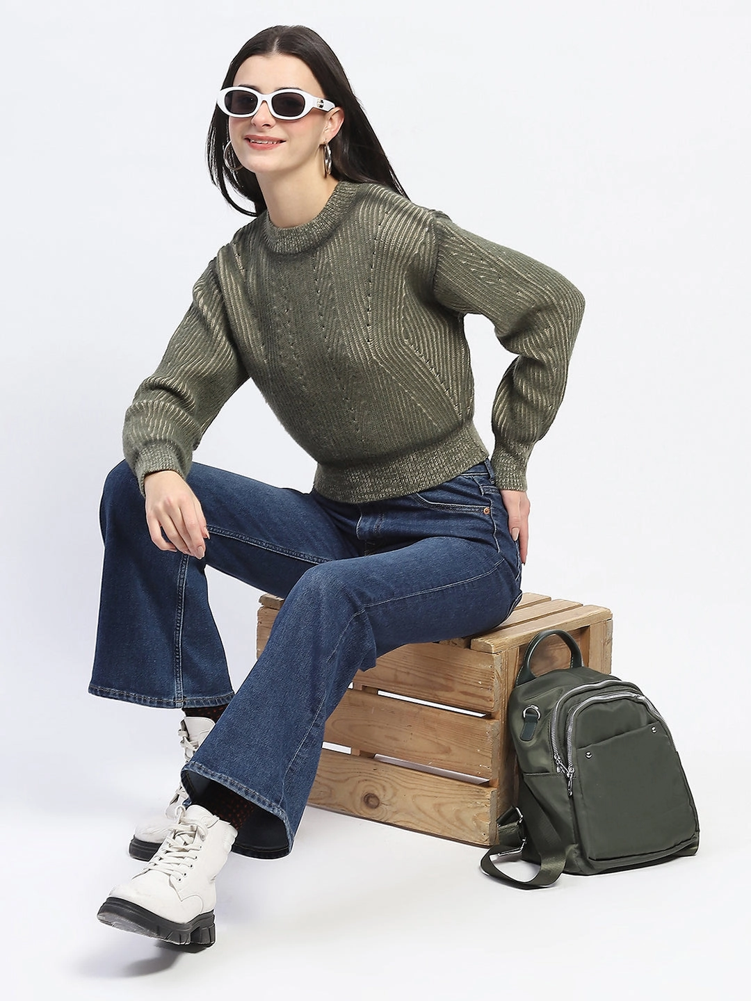 Ergonomic Sleeve Engineering Madame Geometric Print Ribbed Cuffs Green Sweater