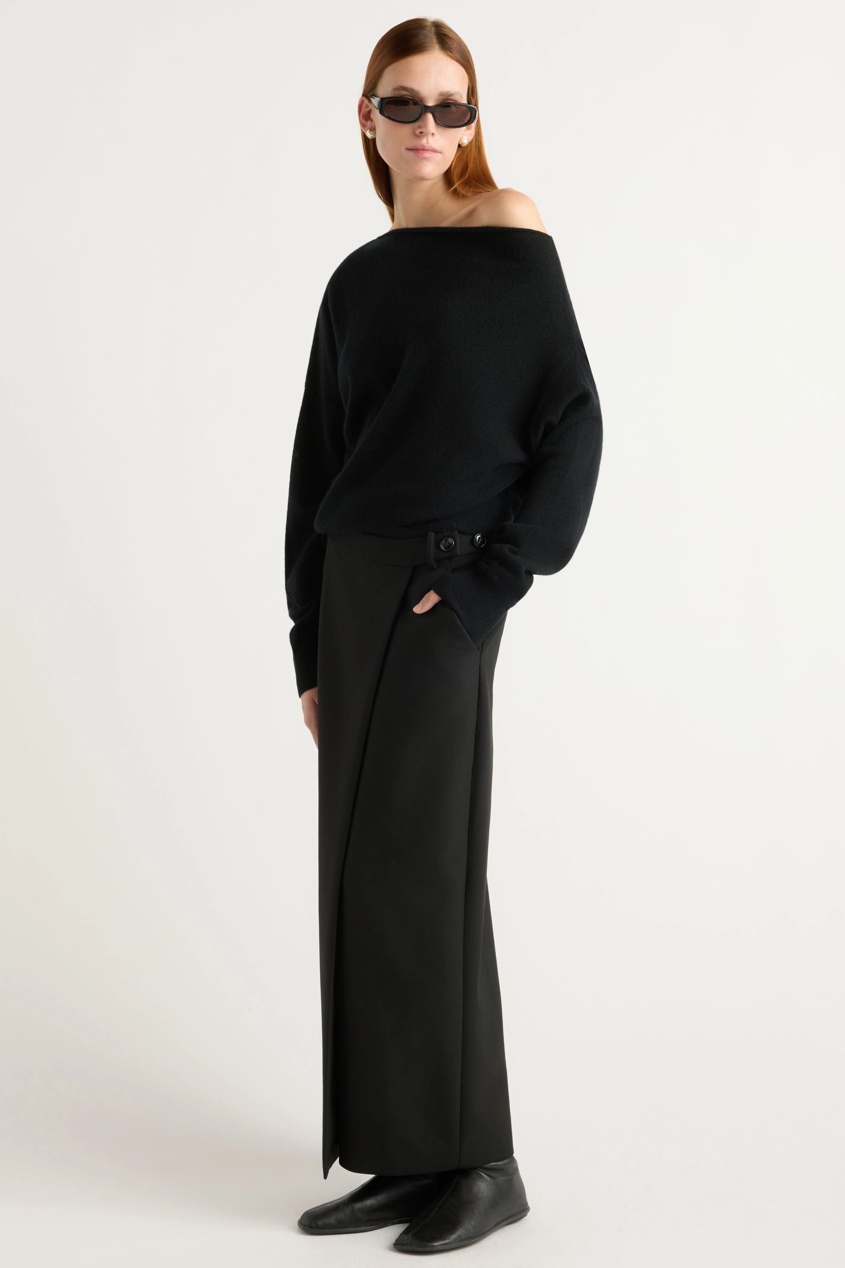 Lan Cashmere Off-Shoulder Sweater Quick Dry Weave High Twist Yarn Structure