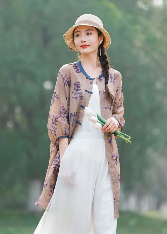 Chinese Style Purple Print Button Patchwork Mid Linen Shirts Summer LY2486