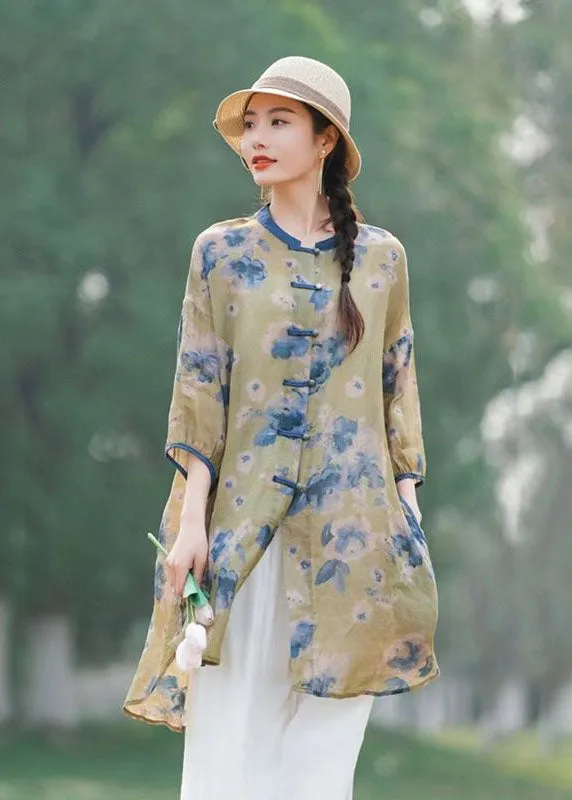 Chinese Style Purple Print Button Patchwork Mid Linen Shirts Summer LY2486