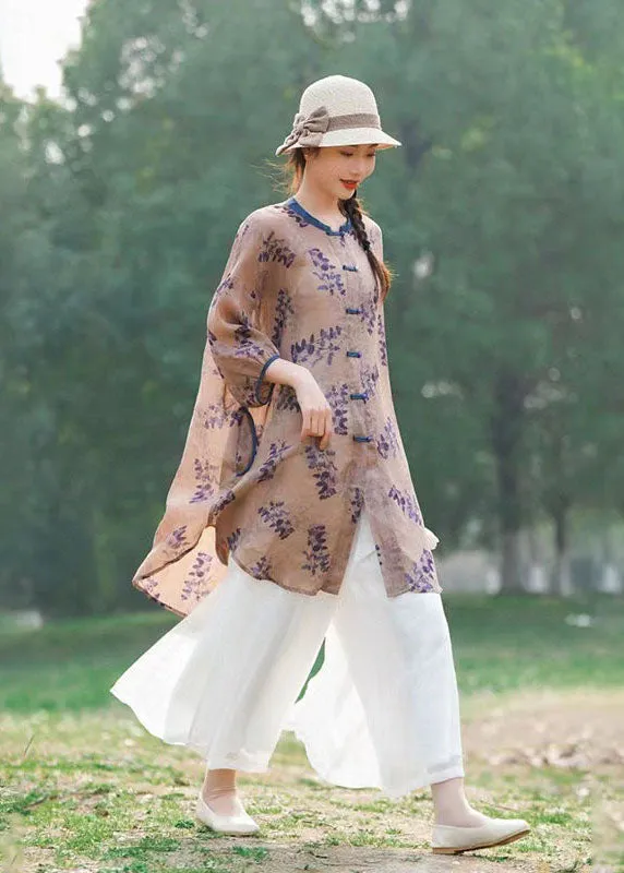 Chinese Style Purple Print Button Patchwork Mid Linen Shirts Summer LY2486