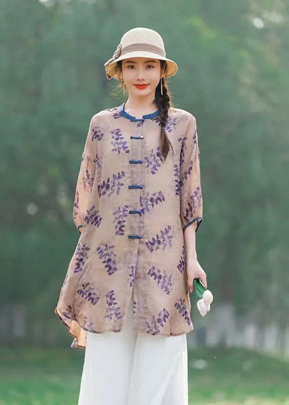 Chinese Style Purple Print Button Patchwork Mid Linen Shirts Summer LY2486
