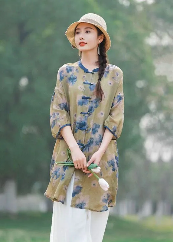 Chinese Style Purple Print Button Patchwork Mid Linen Shirts Summer LY2486