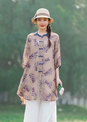 Chinese Style Purple Print Button Patchwork Mid Linen Shirts Summer LY2486