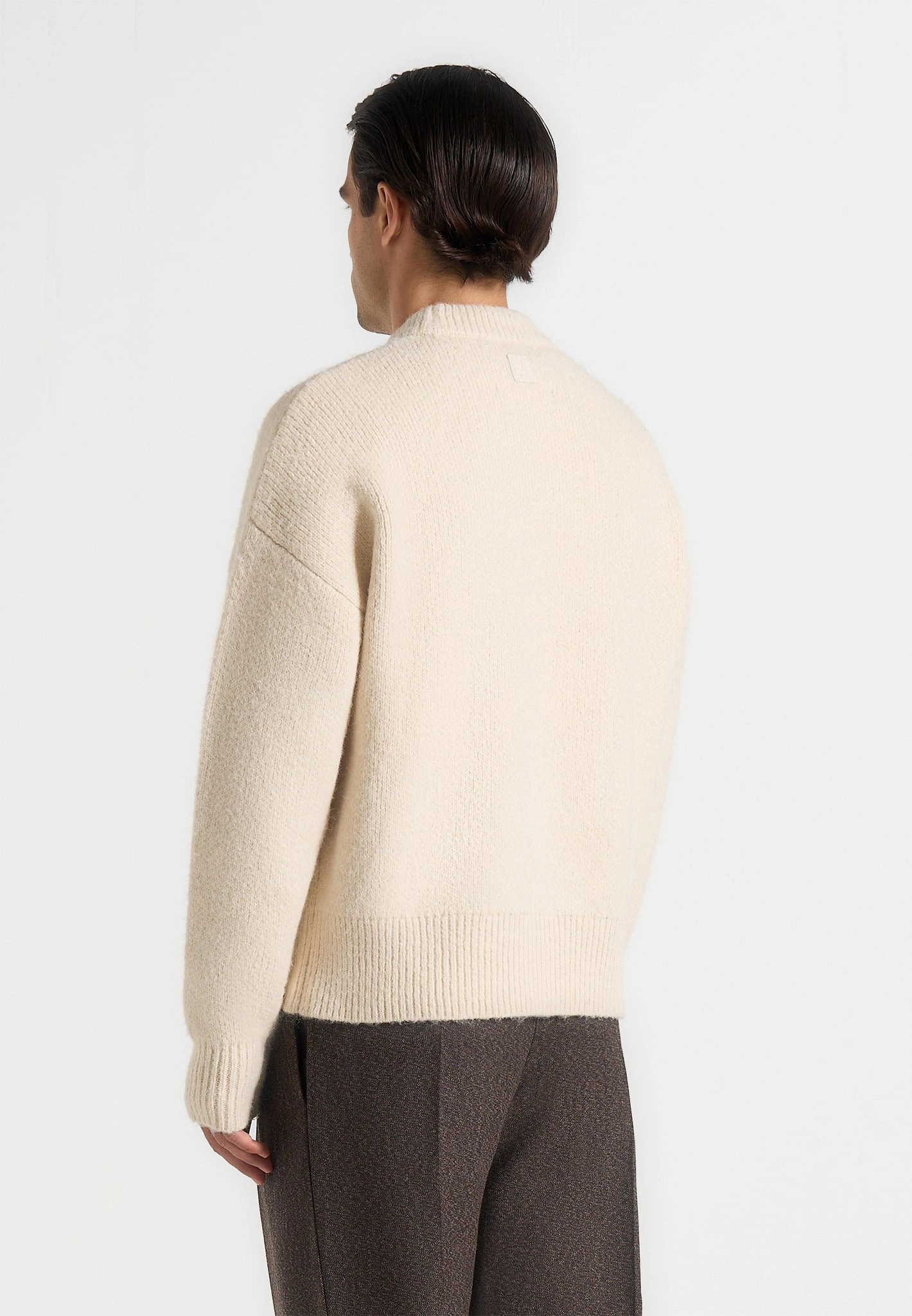Minimalist Button Placket Lattice Pattern Chris - Brushed Wool Knit Jumper - Cream